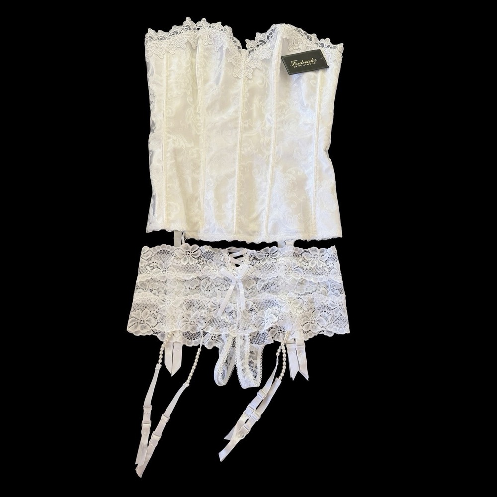 NEW Fredericks of Hollywood Bustier Lace Up Corset & Garter Panty Set Size 34/S